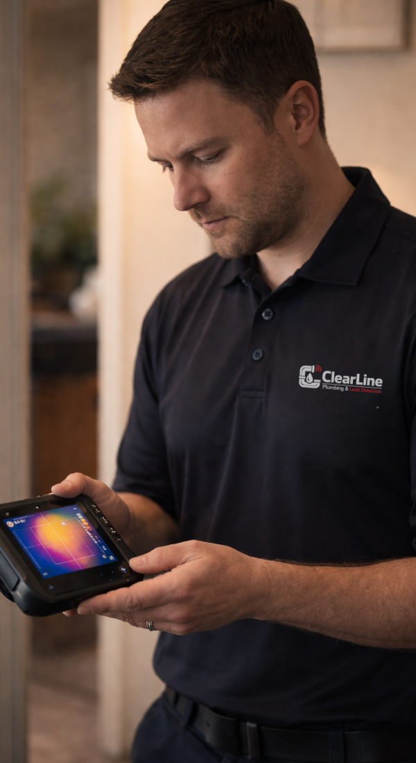 Professional plumber using thermal imaging technology